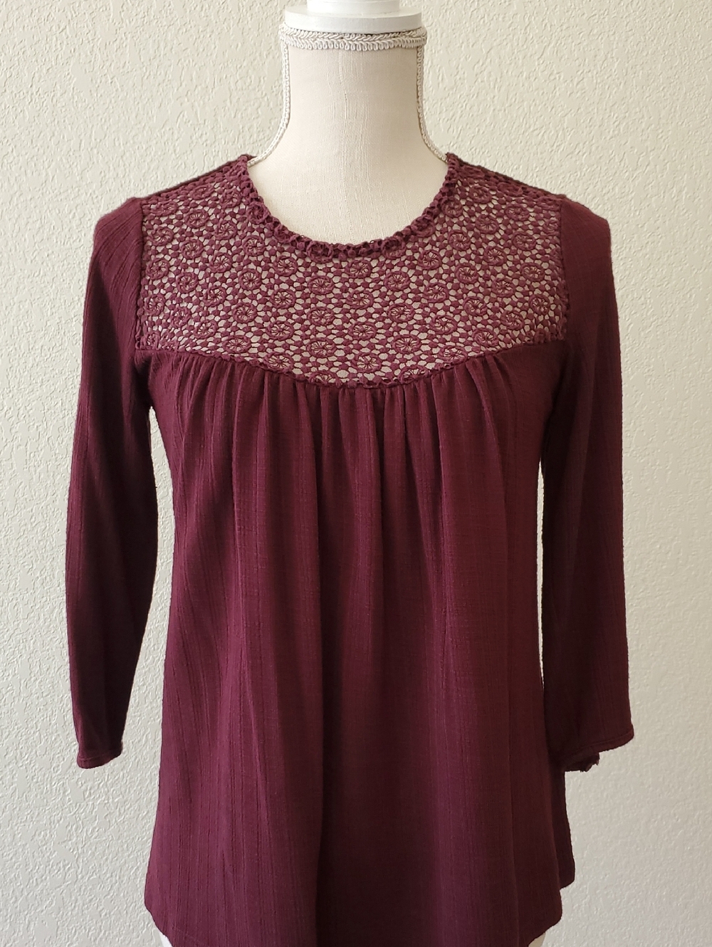 Joe Boxer Burgundy Lace Yoke Long Sleeve Top